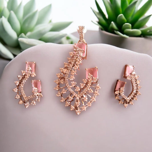 435238-American Diamond Delicate Pendant Set With Rhodium Plating-Pink