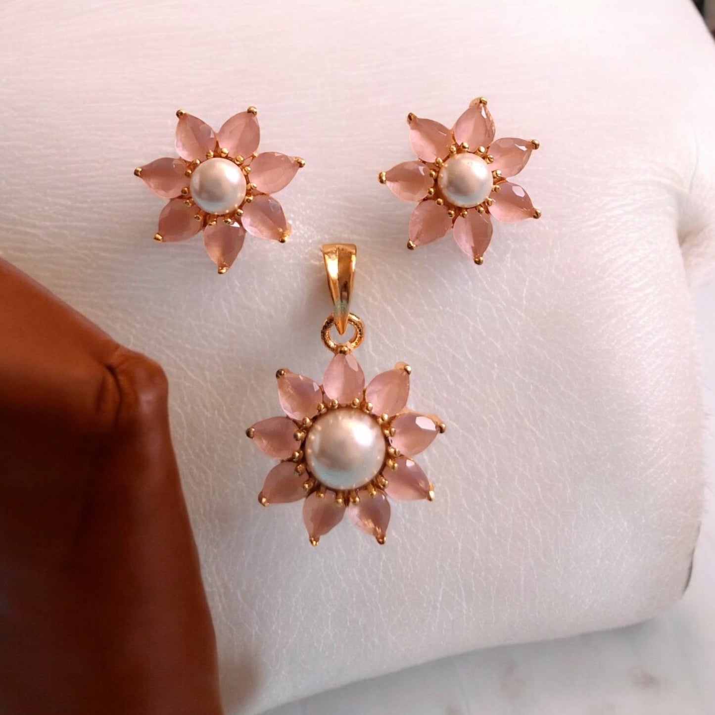 436098-American Diamond Delicate Pendant Set With Gold Plating-Pink