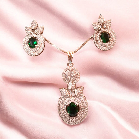 93909-PS-American Diamond Delicate Pendant Set With Rhodium Plating-Green