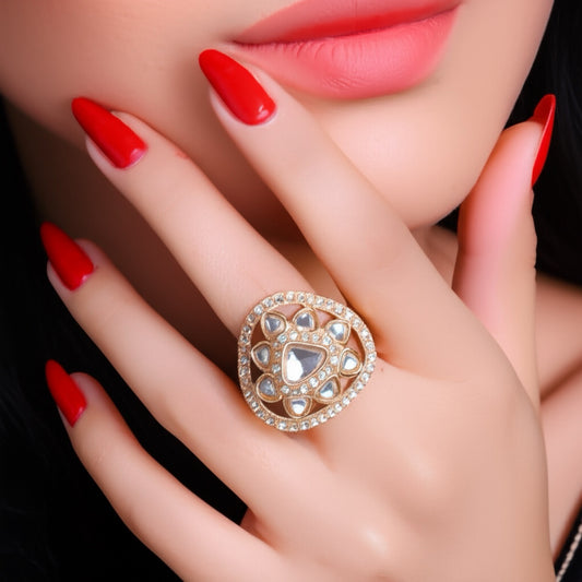 110001 Indo Western Adjustable Ring With Gold Plating-White