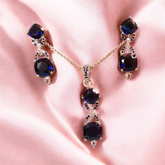 92509-PS-American Diamond Delicate Pendant Set With Rhodium Plating-Blue