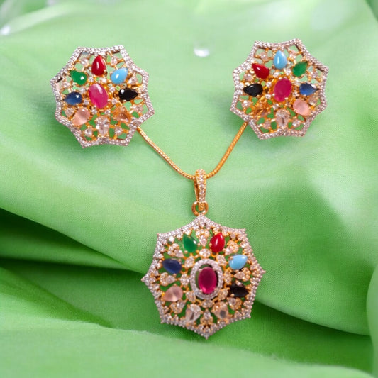 97259-PS-American Diamond Delicate Pendant Set With Gold Plating-Multi