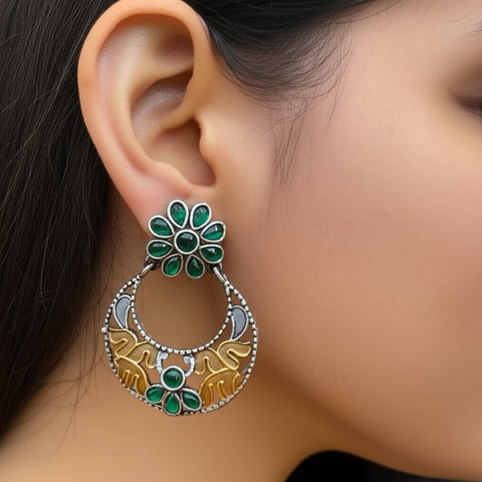 91999-ERO Pretty Precious Fashion Oxidised Silver Stylish Party Wear Earrings for Women and Girls-Green
