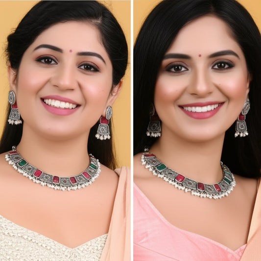 94999-NSO Classic Necklace With Oxidised Plating-Rubygreen