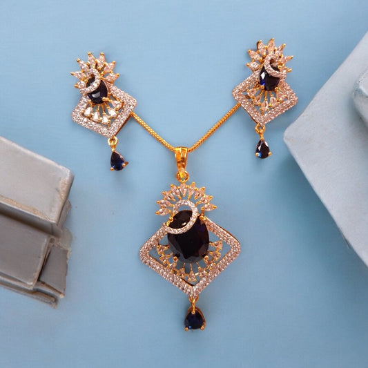 94509-PS-American Diamond Delicate Pendant Set With Gold Plating-Dark Blue