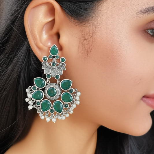 94999-ERO Pretty Precious Fashion Oxidised Silver Stylish Party Wear Earrings for Women and Girls-Green