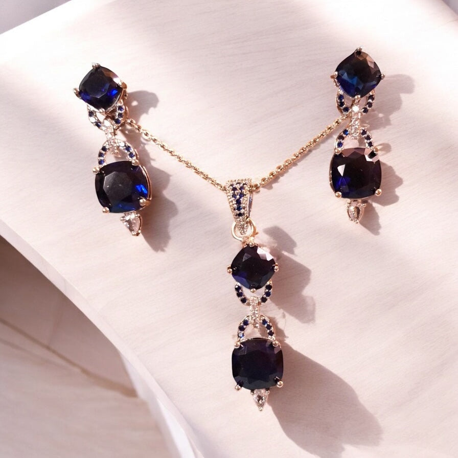 92509-PS-American Diamond Delicate Pendant Set With Rhodium Plating-Blue