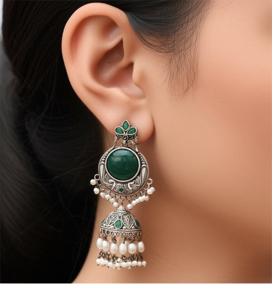 805856 Oxidised Peacock Earring With Oxidised Plating-Green