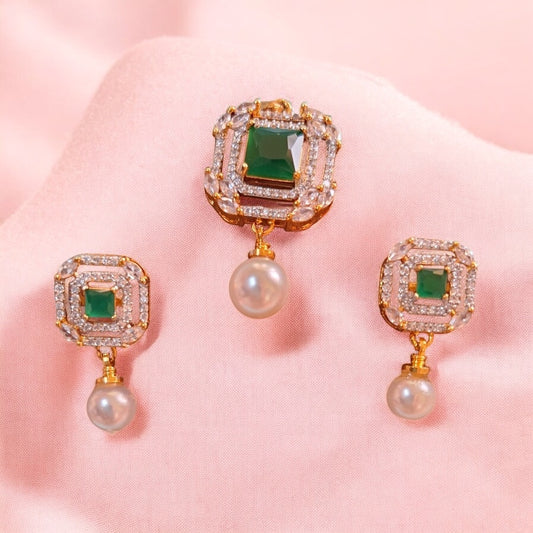 431929-American Diamond Delicate Pendant Set With Gold Plating-Green