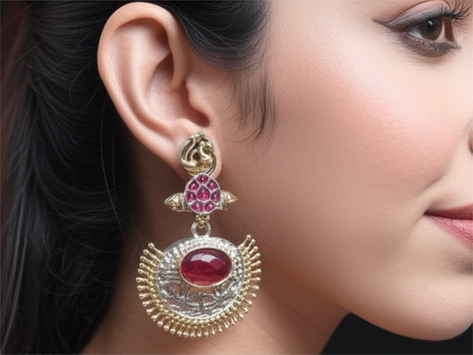809101 Oxidised Chand Earring With 2 Tone Plating-Ruby