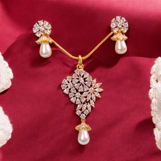 93509-PS-American Diamond Delicate Pendant Set With Gold Plating-Pearl