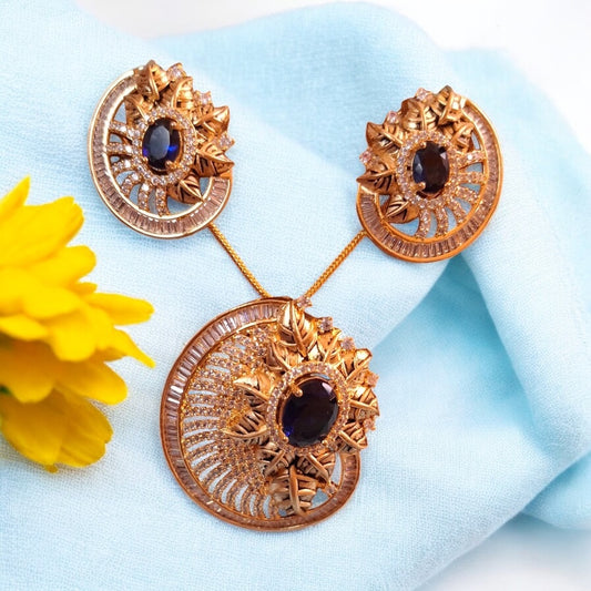 98009-PS-American Diamond Delicate Pendant Set With Gold Plating-Dark Blue