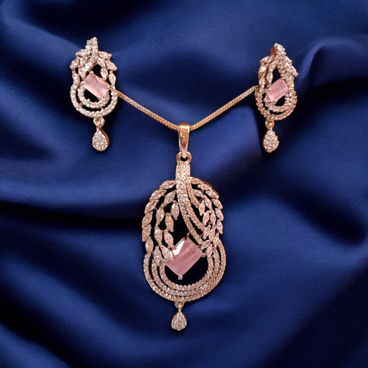 95259-PS-American Diamond Delicate Pendant Set With Rhodium Plating-Pink
