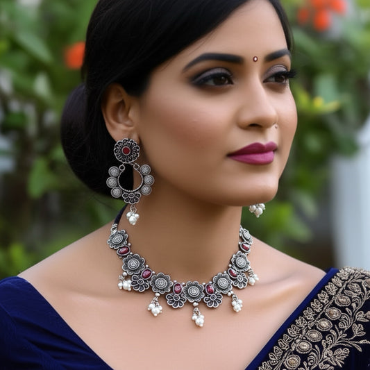 802470 Classic Necklace With Oxidised Plating-Ruby