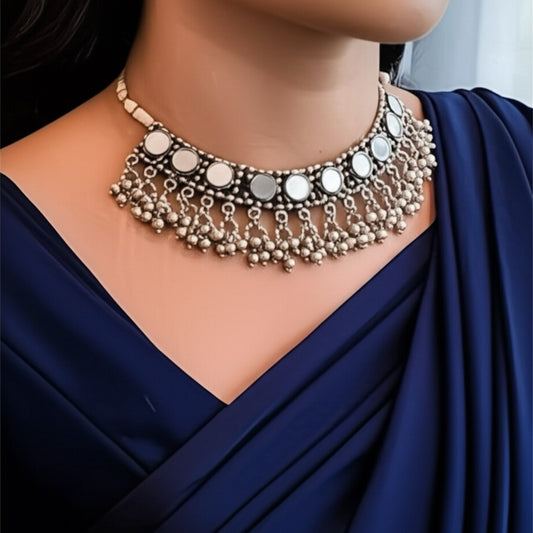 91999-NSO Classic Mirror work Neck Piece With Oxidised Plating